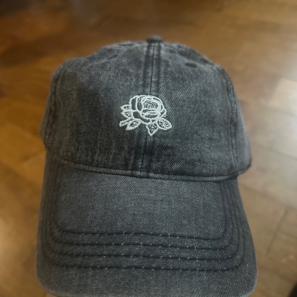 Black Denim Rose Embroidered Cap